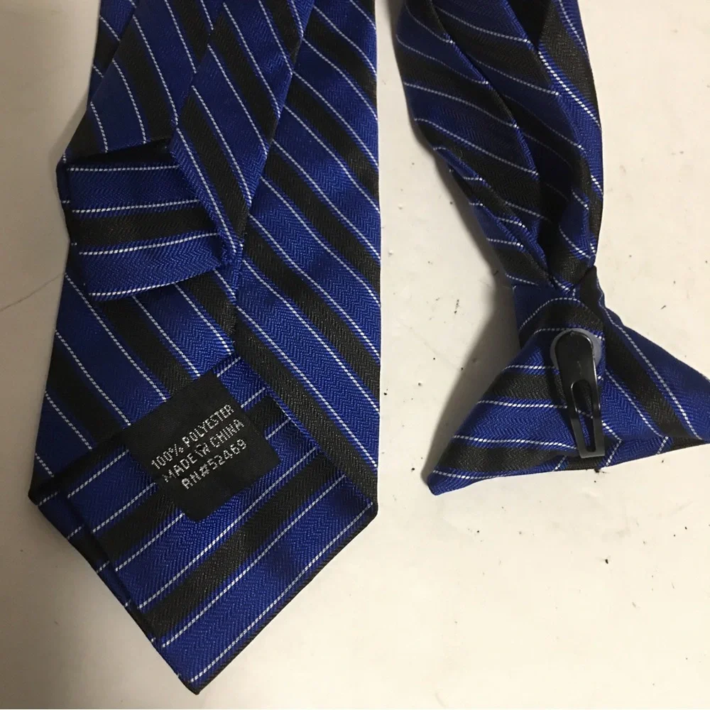Boys clip on tie 16” blue black & white stripes EUC